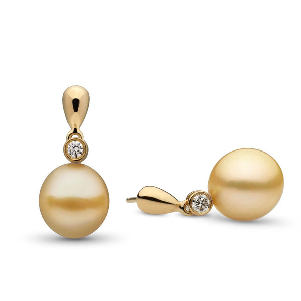 Dew Collection Drop Golden South Sea 10.0-11.0 mm Pearl and Diamond Earrings featuring lustrous golden pearls set with sparkling diamonds on elegant gold drop studs.