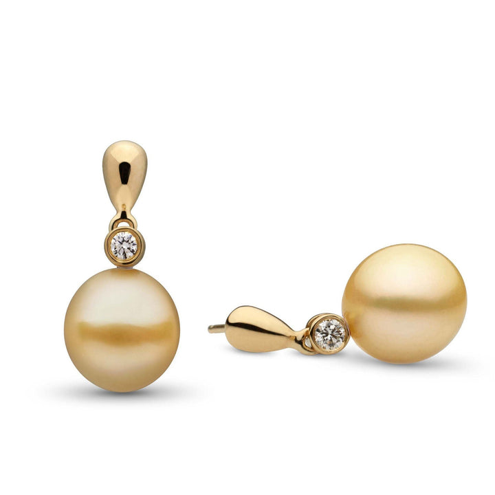 Dew Collection Drop Golden South Sea 10.0-11.0 mm Pearl and Diamond Earrings featuring lustrous golden pearls set with sparkling diamonds on elegant gold drop studs.