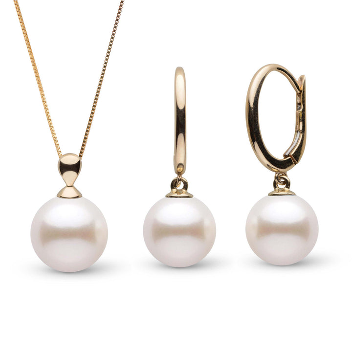 Dew Collection 8.5-9.0 mm Freshadama Pearl Pendant & Solid Eternal Earrings Set featuring round white freshwater pearls on gold-tone settings with a matching pendant and hoop earrings.