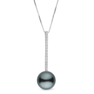 Diamond Bar Collection 9.0-10.0 mm Tahitian Pearl Pendant featuring a lustrous dark Tahitian pearl suspended from a vertical bar adorned with sparkling diamonds on a delicate chain.