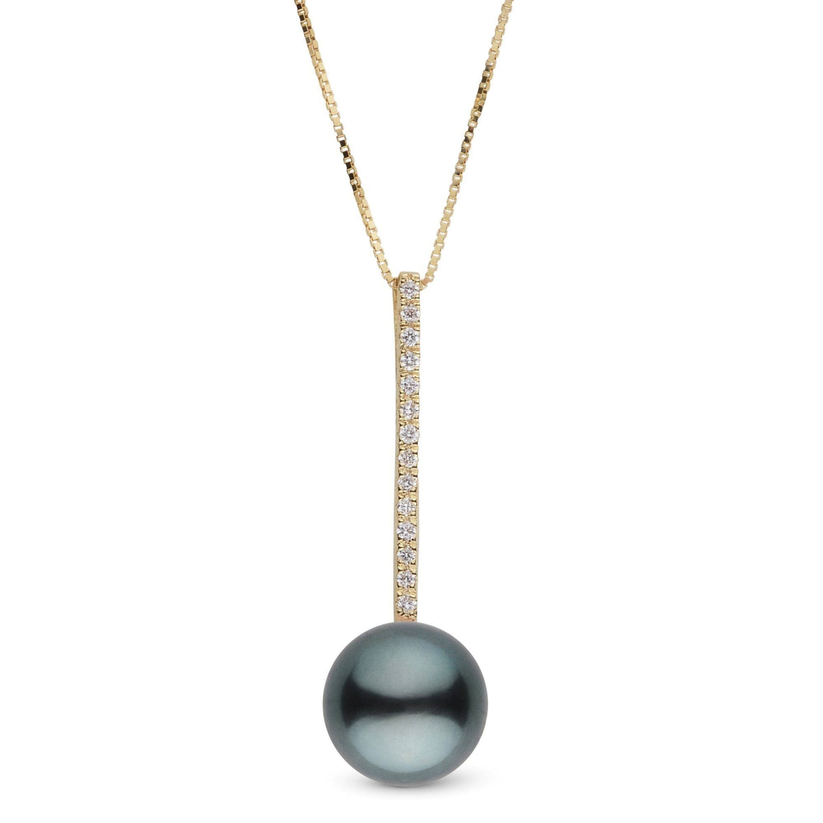 Diamond Bar Collection 9.0-10.0 mm Tahitian Pearl Pendant featuring a lustrous dark Tahitian pearl accented by a vertical gold bar encrusted with sparkling diamonds.