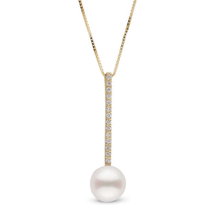 Diamond Bar Collection 7.5-8.0 mm Freshadama Pearl Pendant featuring a white freshwater pearl suspended from a vertical gold bar encrusted with small sparkling diamonds on a gold chain.