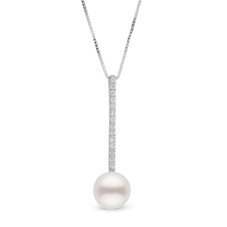 Elegant white freshwater pearl pendant featuring a vertical diamond bar on a delicate chain, showcasing the Diamond Bar Collection 7.5-8.0 mm Freshadama Pearl Pendant.