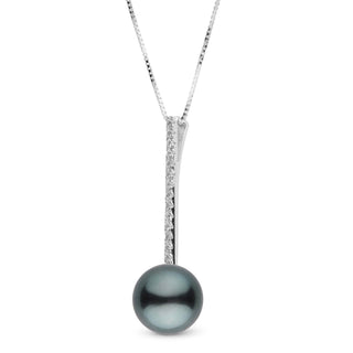 Elegant Diamond Bar Collection 9.0-10.0 mm Tahitian Pearl Pendant featuring a lustrous black Tahitian pearl and a vertical bar adorned with sparkling diamonds on a delicate chain.