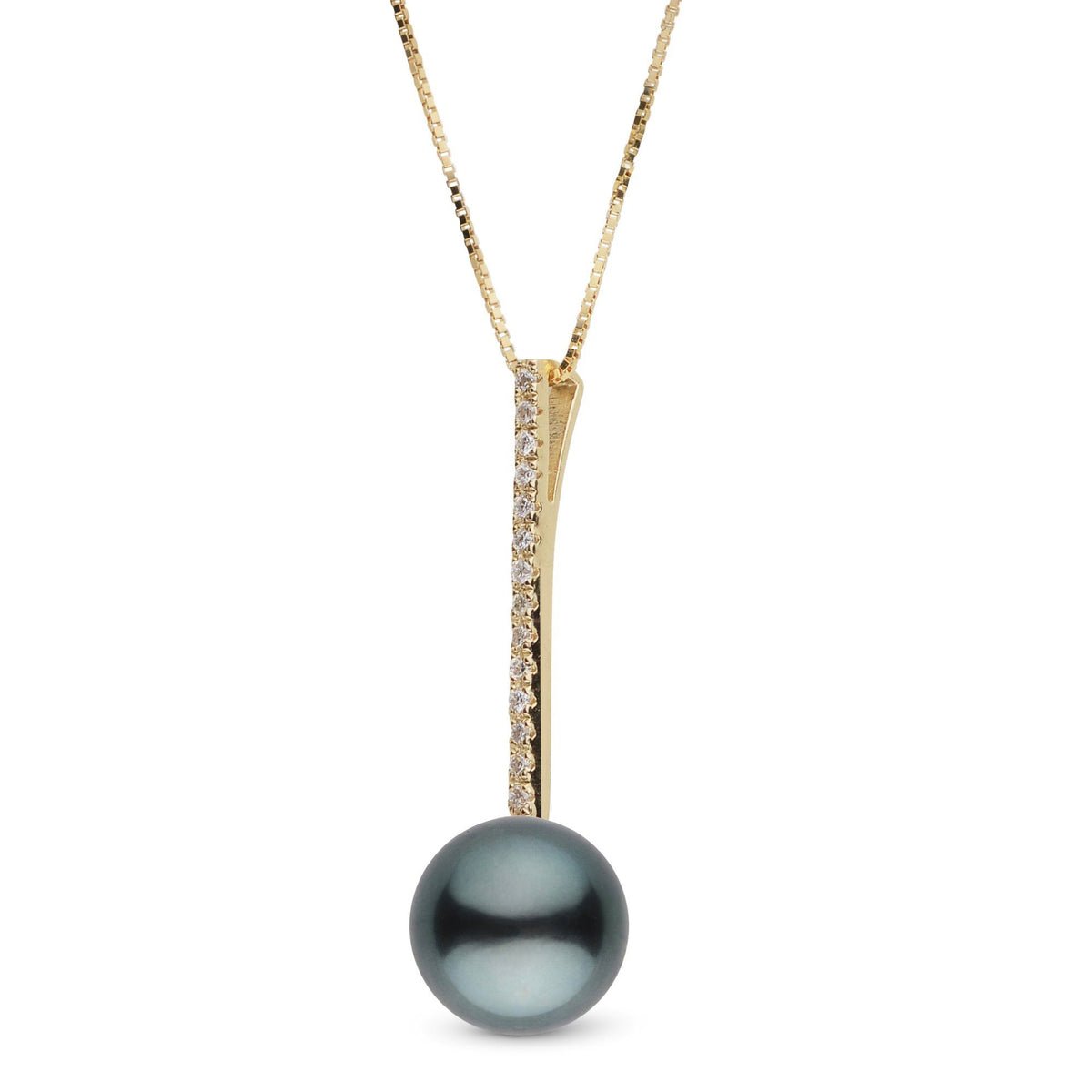Diamond Bar Collection 9.0-10.0 mm Tahitian Pearl Pendant featuring a lustrous black Tahitian pearl accented by a vertical bar of sparkling diamonds set in gold on a delicate chain.