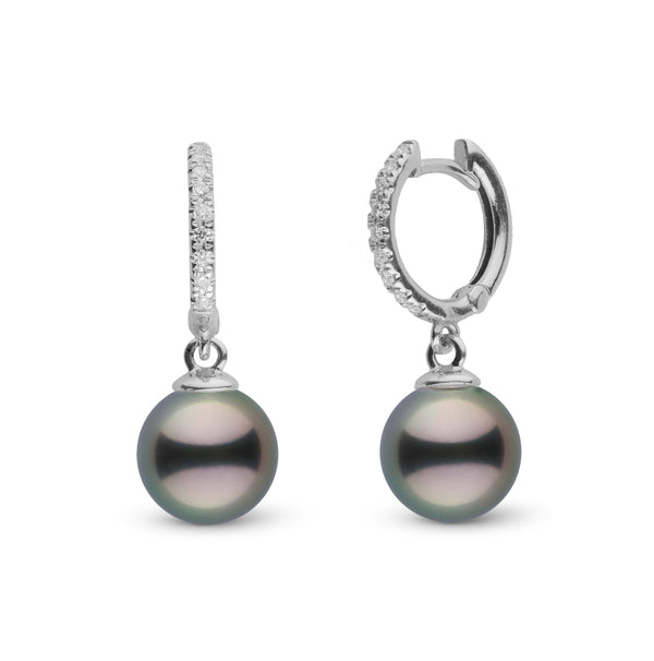 Diamond Small Hoop Collection 8.0-9.0 mm Tahitian Pearl Earrings featuring lustrous dark Tahitian pearls dangling from small hoop earrings encrusted with sparkling diamonds.