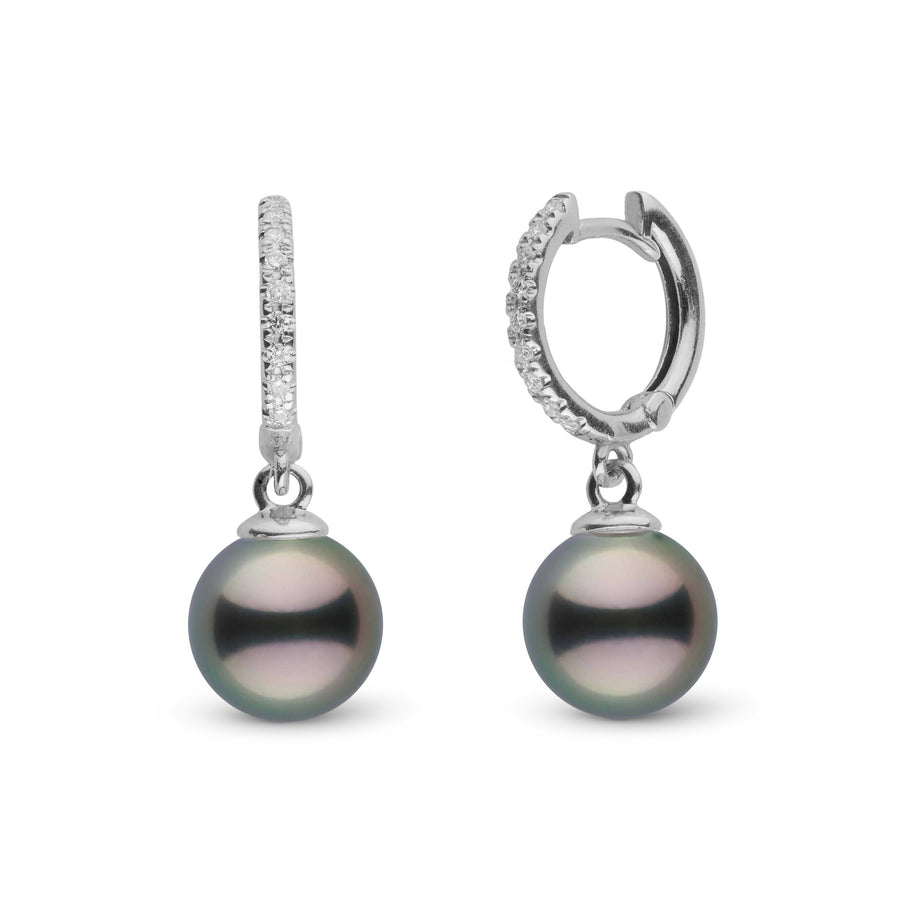 Diamond Small Hoop Collection 8.0-9.0 mm Tahitian Pearl Earrings featuring lustrous dark Tahitian pearls dangling from small hoop earrings encrusted with sparkling diamonds.