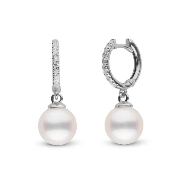 Diamond Small Hoop Collection 7.5-8.0 mm Freshadama Pearl Earrings featuring white cultured pearls suspended from small hoops adorned with sparkling diamonds.