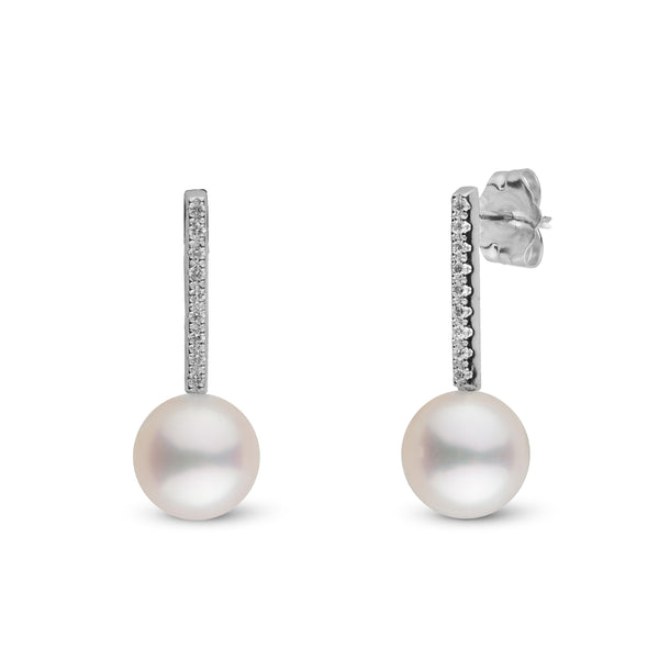 Diamond Bar Collection 7.5-8.0 mm Freshadama Pearl Earrings featuring white freshwater pearls with a vertical bar of small sparkling diamonds on white metal settings.