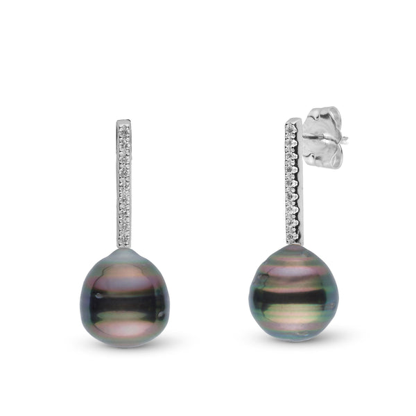 Diamond Bar Collection 9.0-10.0 mm Tahitian Baroque Pearl Earrings with lustrous dark pearls and elegant diamond-accented 14K white gold posts for a sophisticated, timeless look.