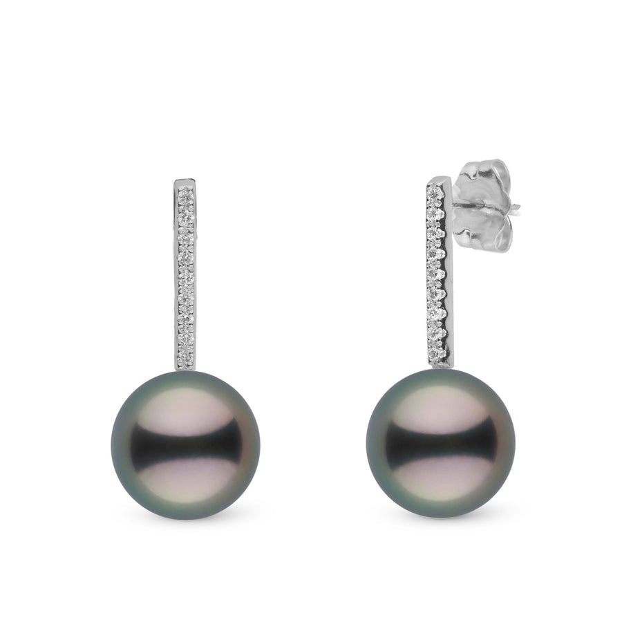 Diamond Bar Collection 9.0-10.0 mm Tahitian Pearl Earrings featuring lustrous dark Tahitian pearls and a vertical bar encrusted with small sparkling diamonds.