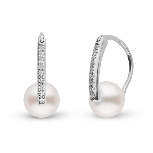 Diamond Deco Collection 7.5-8.0 mm Freshadama Pearl Earrings featuring white pearls set with sparkling diamonds on elegant white metal hoops.