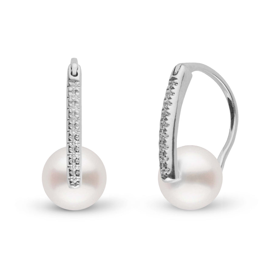 Diamond Deco Collection 7.5-8.0 mm Freshadama Pearl Earrings featuring white pearls set with sparkling diamonds on elegant white metal hoops.