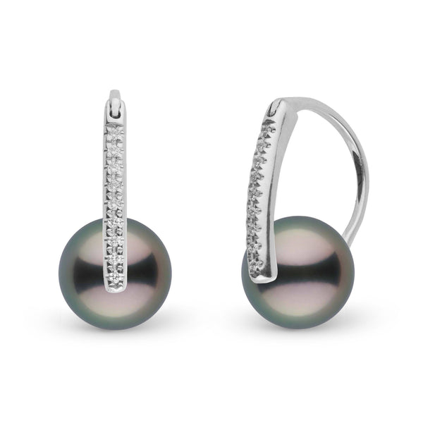 Diamond Deco Collection 9.0-10.0 mm Tahitian Pearl Earrings featuring dark, lustrous pearls set with sparkling diamonds on elegant white gold hoops.