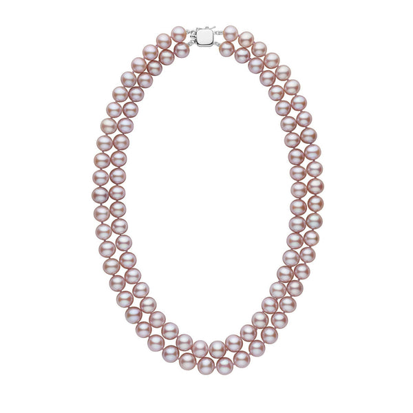 A double strand of lavender freshwater pearls, knotted and strung together, with a metallic clasp.