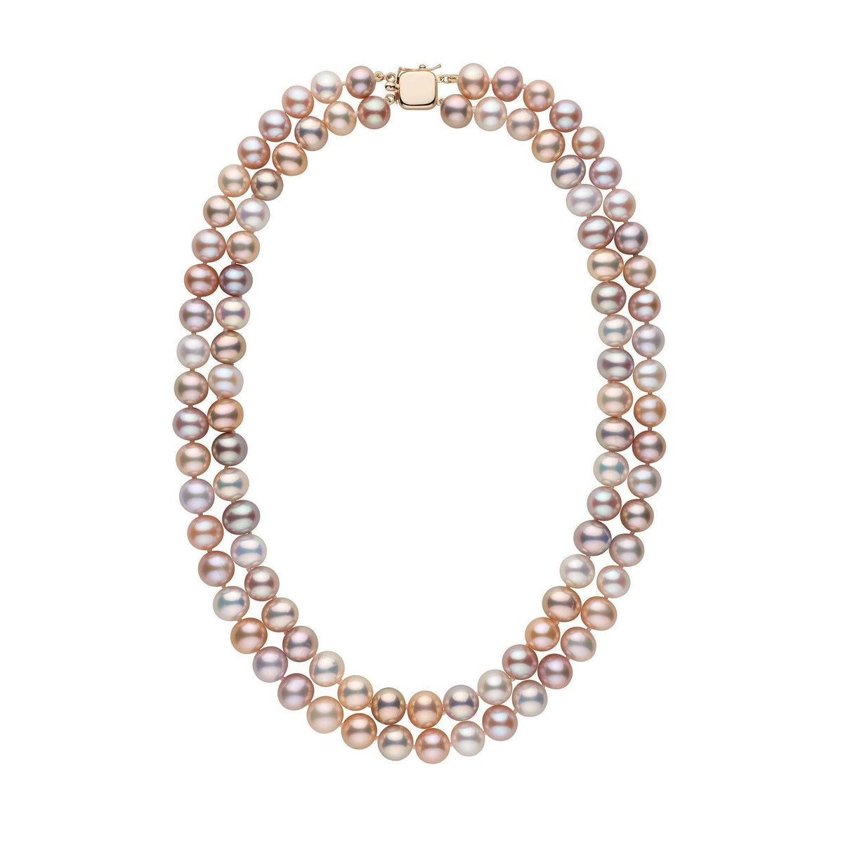 Double Strand 8.5-9.0 mm AA+ Multicolor Freshwater Pearl Necklace featuring lustrous pearls in soft shades of pink, lavender, cream, and peach with a gold clasp.