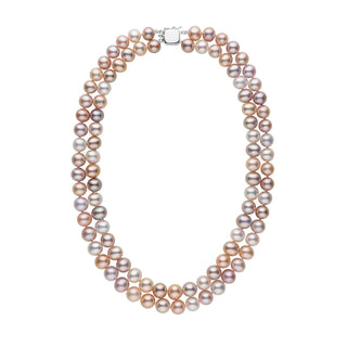 Elegant Double Strand 8.5-9.0 mm AA+ Multicolor Freshwater Pearl Necklace featuring lustrous pearls in soft shades of pink, lavender, and white with a secure clasp.