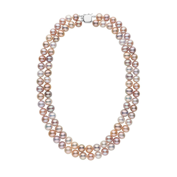 Elegant Double Strand 8.5-9.0 mm AA+ Multicolor Freshwater Pearl Necklace featuring lustrous pearls in soft shades of pink, lavender, and white with a secure clasp.
