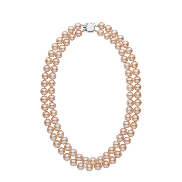 Double Strand 8.5-9.0 mm AA+ Pink to Peach Freshwater Pearl Necklace white gold
