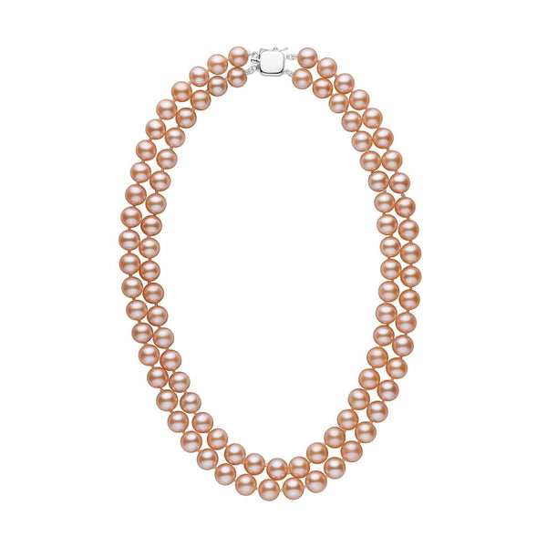 A double strand of pink to peach freshwater pearl necklace with a 14K white gold clasp, displayed against a white background.
