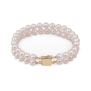 6.0-6.5 mm Double Strand White Akoya AAA Pearl Bracelet Yellow Gold