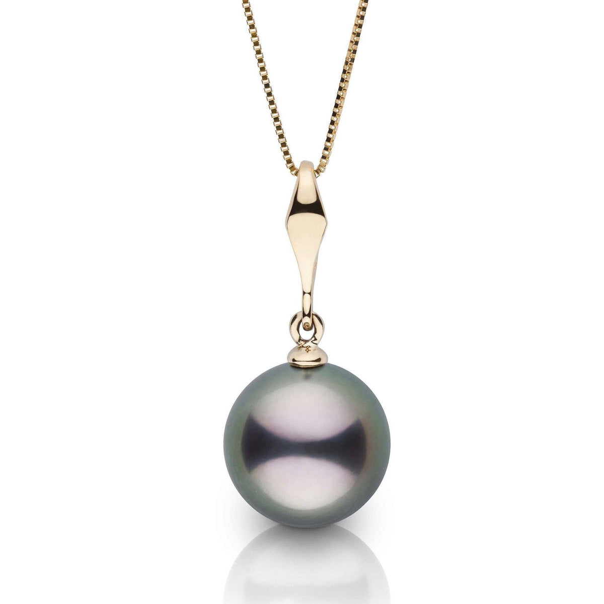 Essential Collection 10.0-11.0 mm Tahitian Pearl Pendant featuring a lustrous black pearl with subtle iridescent green and purple hues set on a delicate gold chain.