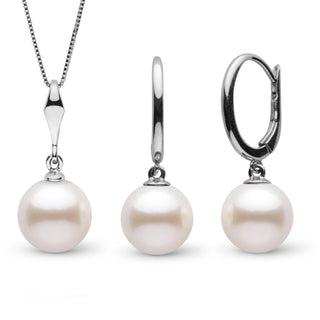 Essential Collection 8.5-9.0 mm Freshadama Pearl Pendant & Solid Eternal Earrings Set featuring round white freshwater pearls with polished 14K white gold settings and a delicate chain.