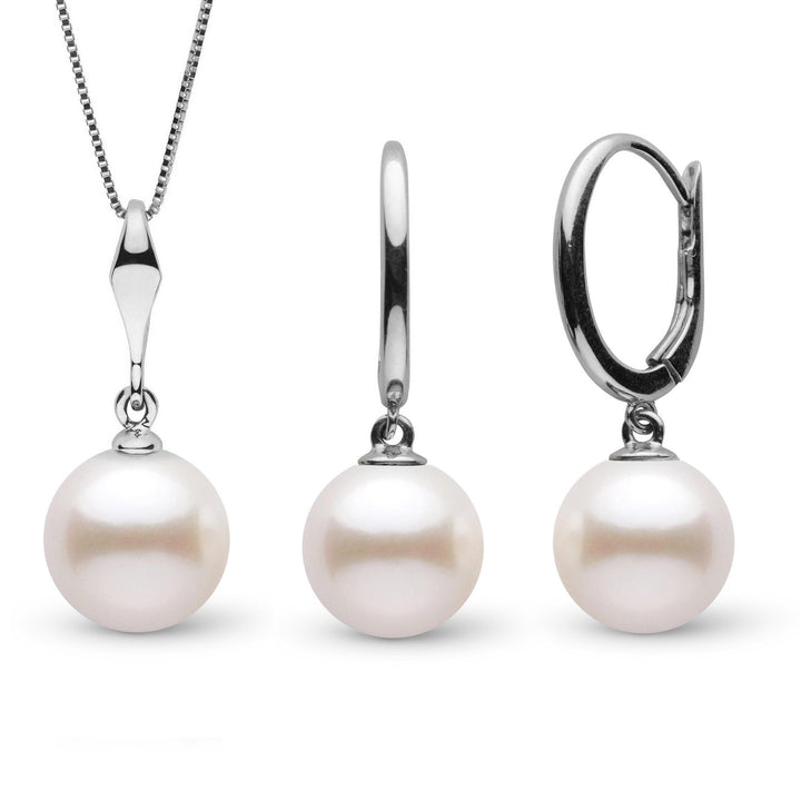 Essential Collection 8.5-9.0 mm Freshadama Pearl Pendant & Solid Eternal Earrings Set featuring round white freshwater pearls with polished 14K white gold settings and a delicate chain.