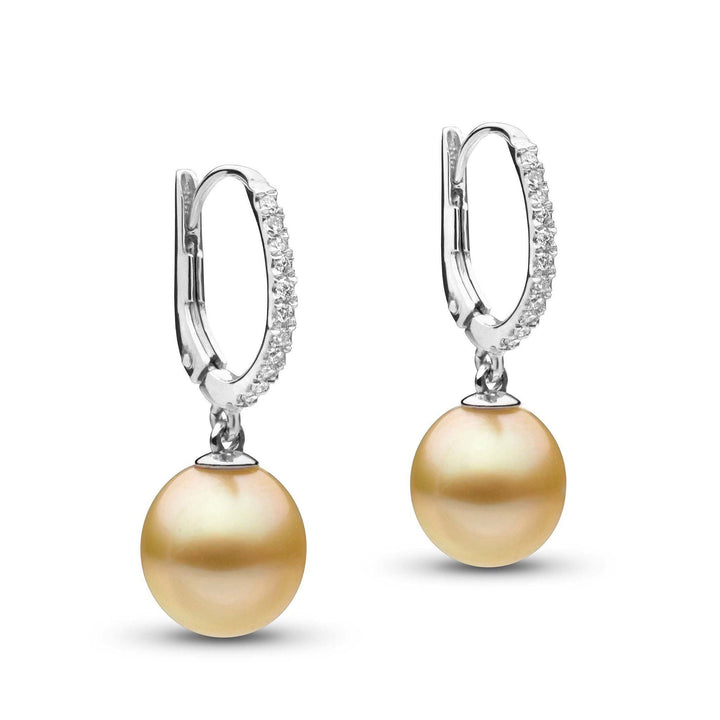 Eternal Collection Drop Golden South Sea 10.0-11.0 mm Pearl and Diamond Earrings featuring round golden South Sea pearls suspended from diamond-studded silver hoops.