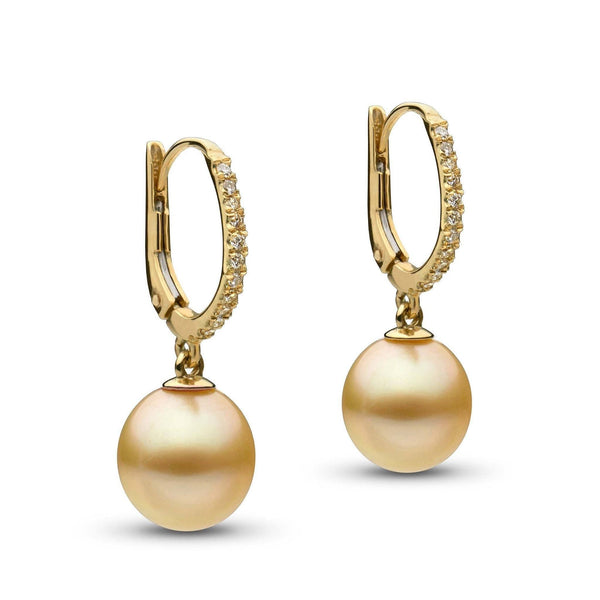 Eternal Collection Drop Golden South Sea 10.0-11.0 mm Pearl and Diamond Earrings featuring lustrous golden South Sea pearls and sparkling diamonds on elegant gold hoops.