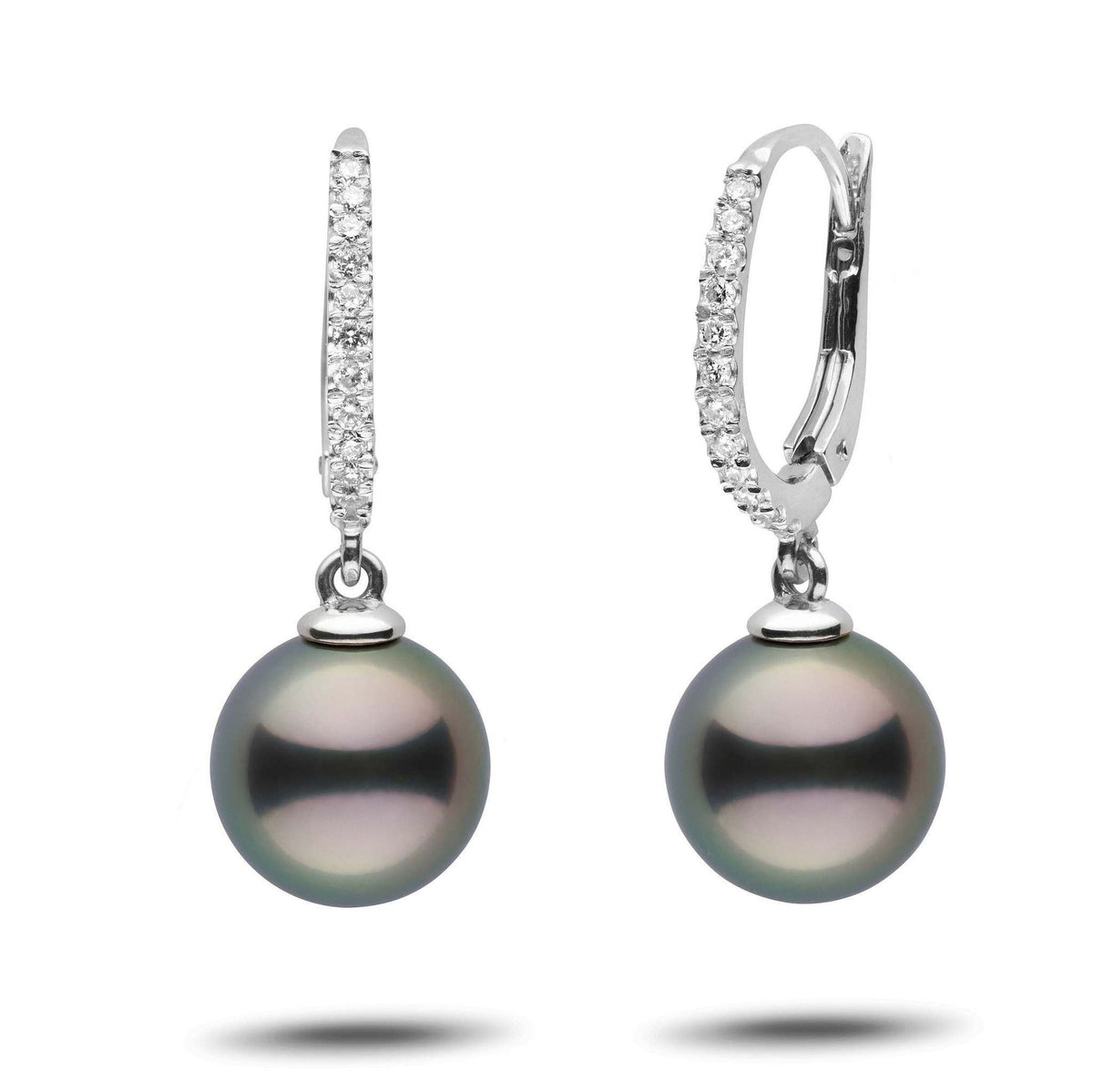 Eternal Collection Tahitian 10.0-11.0 mm Pearl & Diamond Dangle Earrings featuring black Tahitian pearls suspended from 14K white gold hoops adorned with sparkling diamonds.