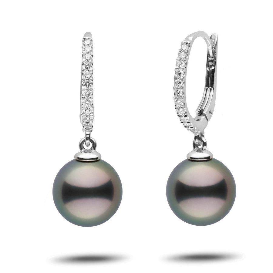 Eternal Collection Tahitian 10.0-11.0 mm Pearl & Diamond Dangle Earrings featuring black Tahitian pearls suspended from 14K white gold hoops adorned with sparkling diamonds.