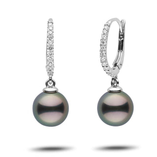 Eternal Collection 9.0-10.0 mm Tahitian Pearl & Diamond Dangle Earrings featuring dark Tahitian pearls hanging from 14K white gold hoops adorned with small sparkling diamonds.