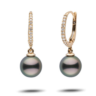 Eternal Collection 9.0-10.0 mm Tahitian Pearl & Diamond Dangle Earrings featuring lustrous dark Tahitian pearls suspended from gold hoops adorned with sparkling diamonds.
