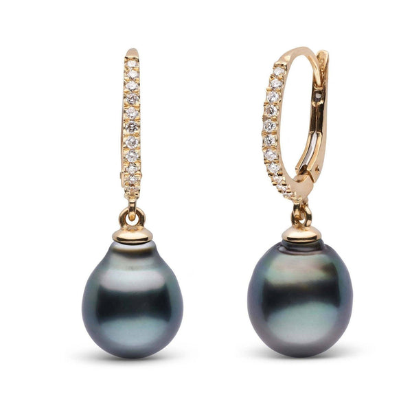 Eternal Collection Tahitian 9.0-10.0 mm Baroque Pearl & Diamond Dangle Earrings featuring lustrous dark Tahitian pearls suspended from gold hoops encrusted with sparkling diamonds.