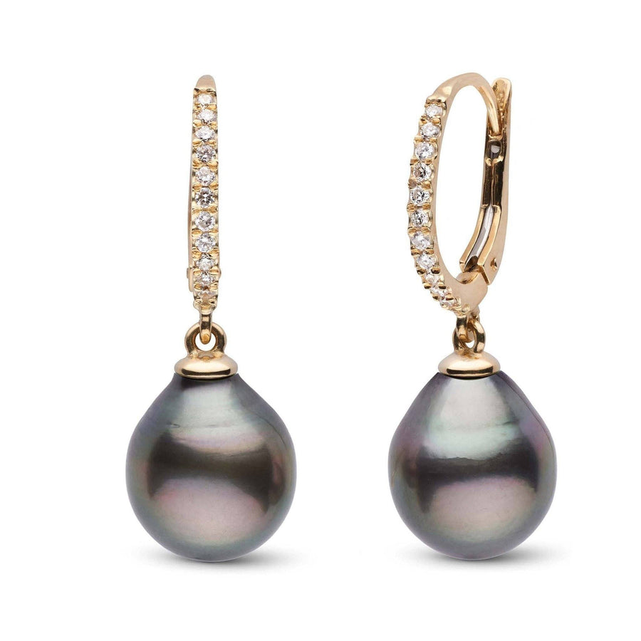 Eternal Collection Tahitian 11.0-12.0 mm Drop Pearl & Diamond Dangle Earrings featuring lustrous black Tahitian pearls and sparkling diamonds set on elegant gold hoops.