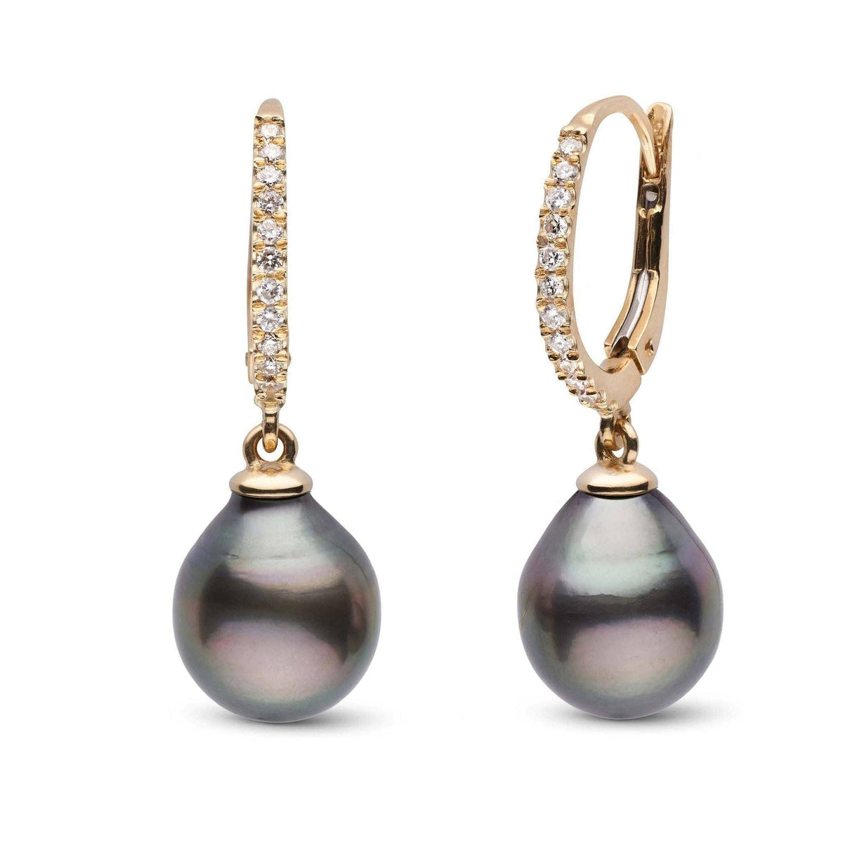Eternal Collection Tahitian 9.0-10.0 mm Drop Pearl & Diamond Dangle Earrings featuring black Tahitian pearls with gold settings and sparkling diamond accents on the hoops.