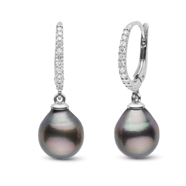 Eternal Collection Tahitian 9.0-10.0 mm Drop Pearl & Diamond Dangle Earrings featuring glossy dark Tahitian pearls hanging from diamond-studded white metal hoops.