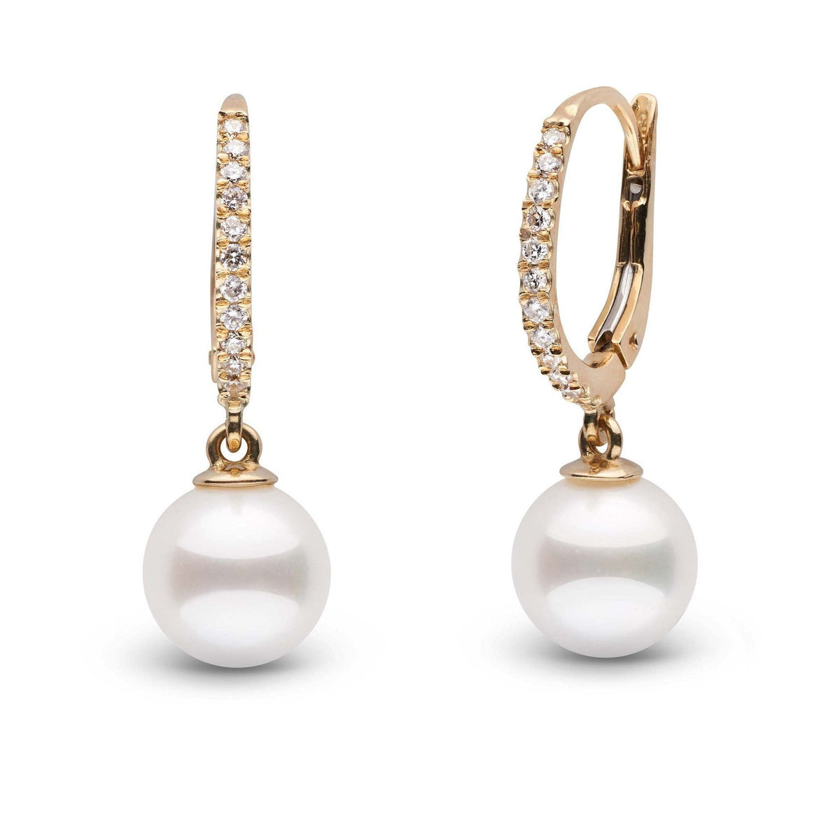 Eternal Collection White Akoya 8.5-9.0 mm Pearl & Diamond Dangle Earrings yellow gold