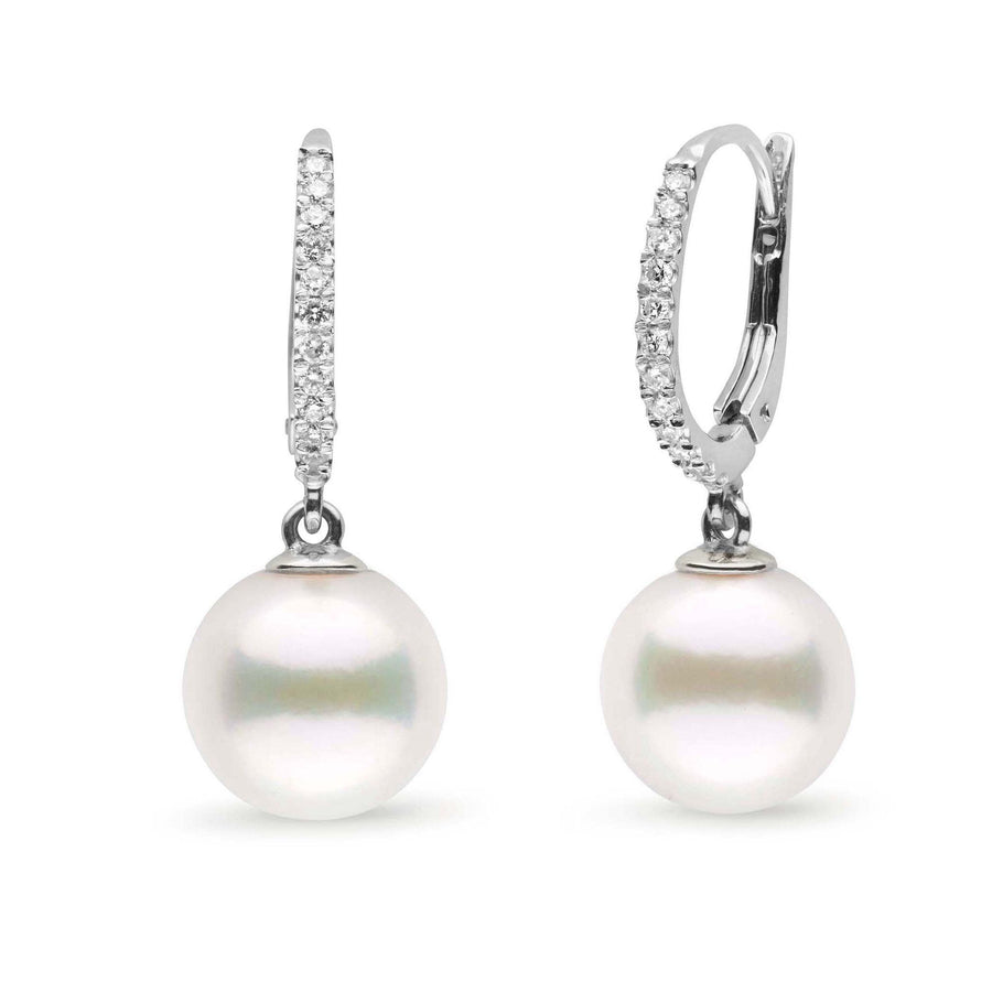 Eternal Collection White Freshadama Freshwater 10.0-11.0 mm Pearl & Diamond Dangle Earrings featuring lustrous white freshwater pearls suspended from elegant diamond-studded hoops.