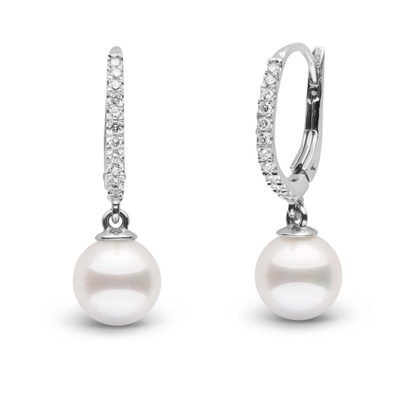 Eternal Collection White Freshadama Freshwater 7.5-8.0 mm Pearl & Diamond Dangle Earrings featuring lustrous white freshwater pearls with sparkling diamond accents on a 14K white gold hoop setting.