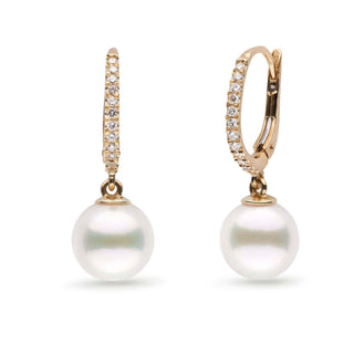Eternal Collection White Freshadama Freshwater 8.5-9.0 mm Pearl & Diamond Dangle Earrings featuring sparkling diamond-studded gold hoops with lustrous white freshwater pearls.