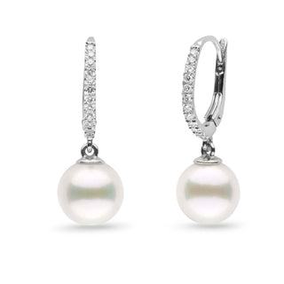 Eternal Collection White Freshadama Freshwater 8.5-9.0 mm Pearl & Diamond Dangle Earrings featuring lustrous white freshwater pearls suspended from elegant diamond-studded hoops.