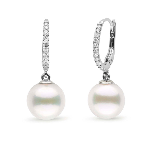 Eternal Collection White Freshadama Freshwater 9.0-10.0 mm Pearl & Diamond Dangle Earrings featuring lustrous white freshwater pearls suspended from diamond-studded 14K white gold hoops.