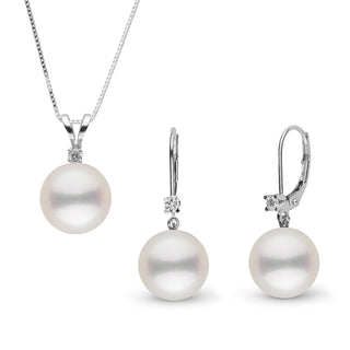 Elegant 8.5-9.0 mm White Freshadama Pearl and Diamond Harmony Pendant and Earrings Set featuring lustrous white pearls and sparkling diamonds on 14K white gold settings, perfect for special occasions.