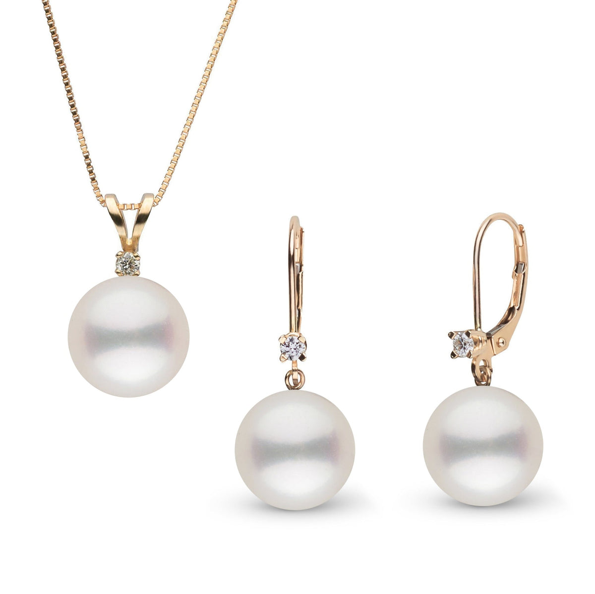 8.5-9.0 mm White Freshadama Pearl and Diamond Harmony Pendant and Earrings Set featuring white freshwater pearls with diamond accents on gold settings, elegant pearl jewelry set.