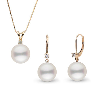 8.5-9.0 mm White Freshadama Pearl and Diamond Harmony Pendant and Earrings Set featuring white freshwater pearls with diamond accents on gold settings, elegant pearl jewelry set.