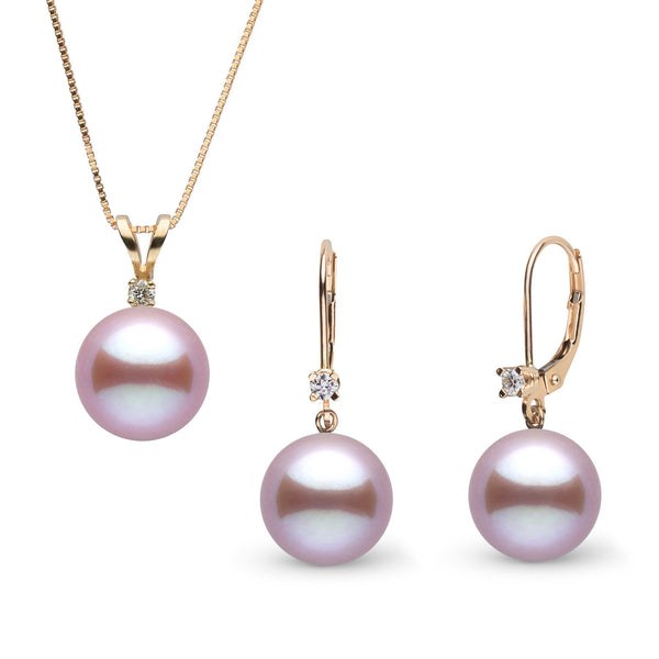 8.5-9.0 mm Lavender Freshadama Pearl and Diamond Harmony Pendant and Earrings Set featuring round lavender freshwater pearls with delicate diamond accents on gold settings.