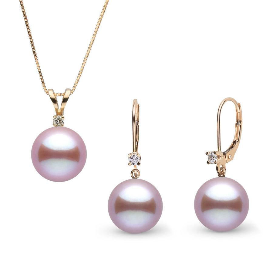 8.5-9.0 mm Lavender Freshadama Pearl and Diamond Harmony Pendant and Earrings Set featuring round lavender freshwater pearls with delicate diamond accents on gold settings.