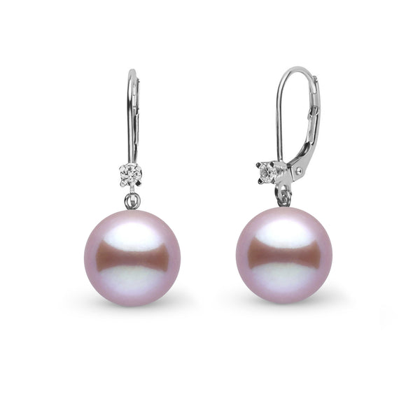 8.5-9.0 mm Lavender Freshadama Pearl and Diamond Harmony Earrings featuring round lavender freshwater pearls with sparkling diamond accents on elegant leverback settings.